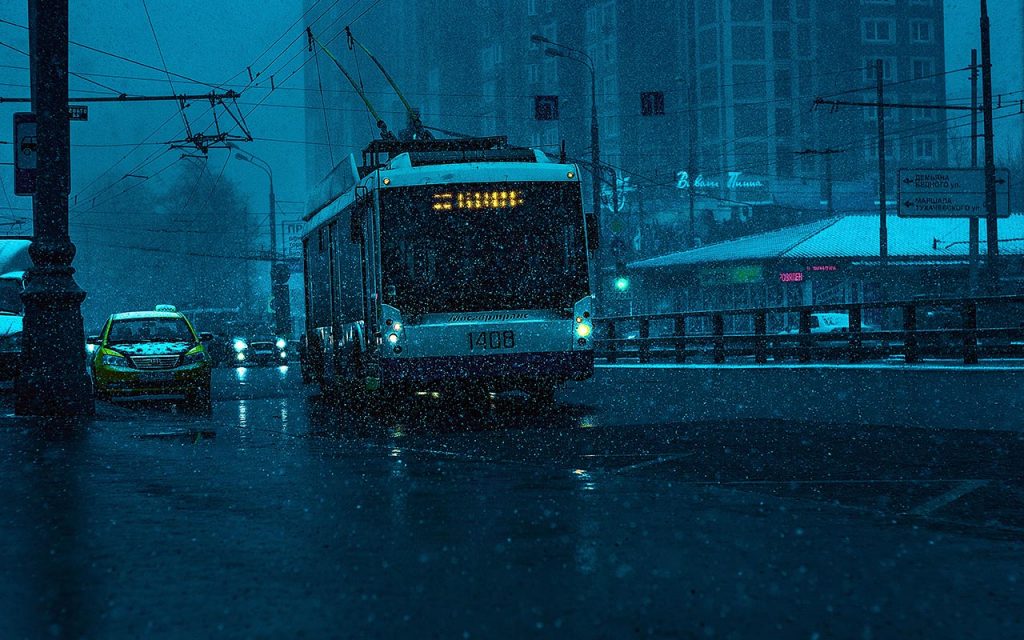 Bus in rainy evening